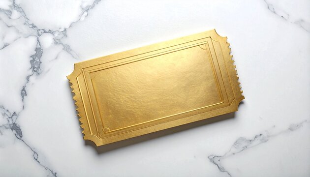 A luxurious blank gold ticket featuring a minimalist rectangular design centered on a premium white marble surface for exclusive event invitations