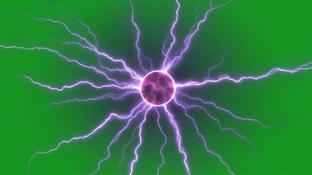 A vibrant purple plasma ball emits jagged electrical bolts against a deep green background.