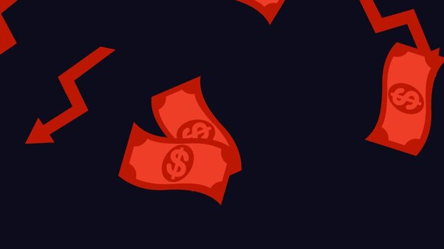 A 4K animation featuring a downward-trending red candlestick and red dollar signs, illustrating financial loss.