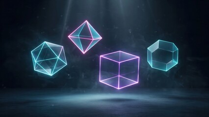 Fototapeta premium Abstract Geometric Shapes Floating in Dark Futuristic Environment.