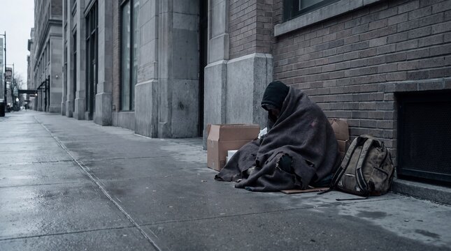 Homeless person wrapped in a blanket sitting on a city sidewalk with a backpack