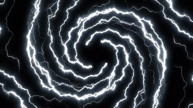 Bright white lightning bolts form a swirling spiral pattern against a dark black.