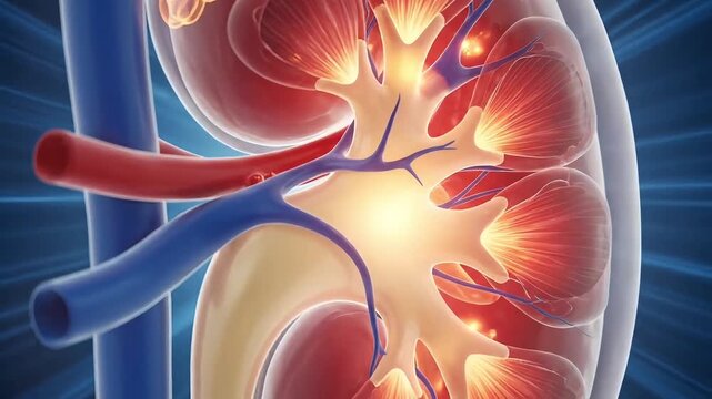 Highly detailed 3 D animation of human kidney anatomy with nephrons and renal vessels glowing