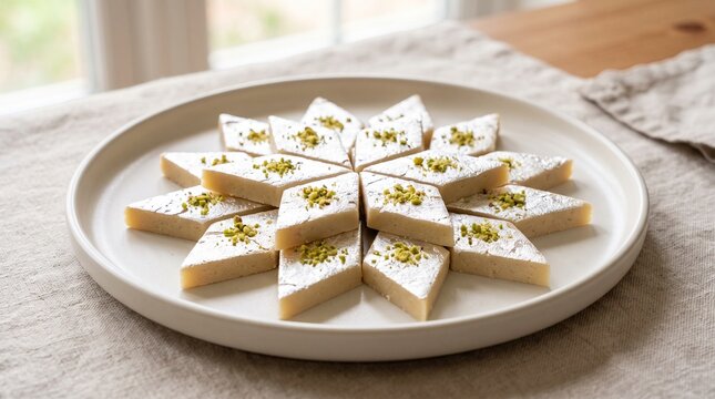 Diamond-shaped Kaju Katli sweets topped with pistachios on a white plate