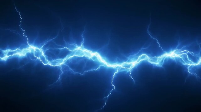 Bright blue electrical lightning bolts arc across a dark deep blue background.