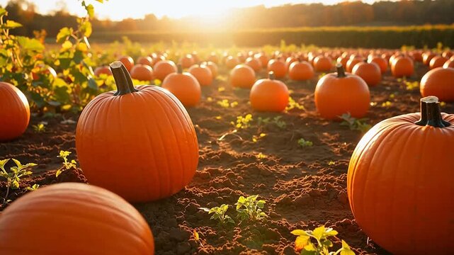 Golden Harvest: Sunlit Pumpkin Patch at Harvest Time