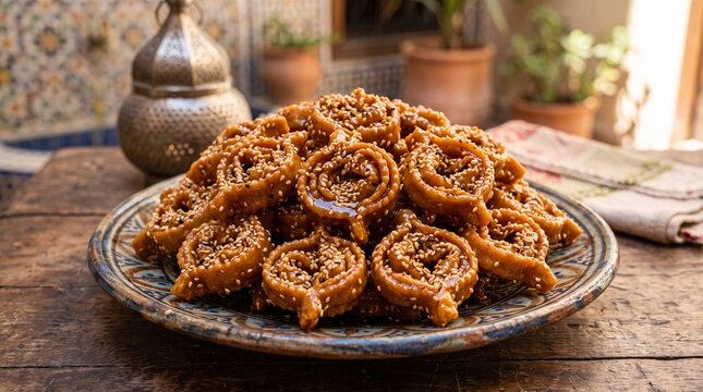 Moroccan chebakia pastries with sesame seeds and honey glaze on a traditional plate