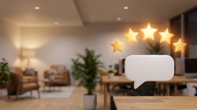 3D Floating Five Golden Stars and Speech Bubble Blurred Office