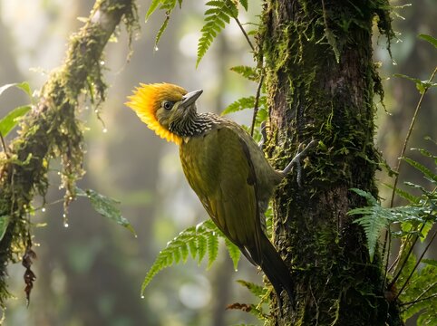 Greater Yellownape Woodpecker Clinging to Mossy Tree Trunk in Tropical Forest