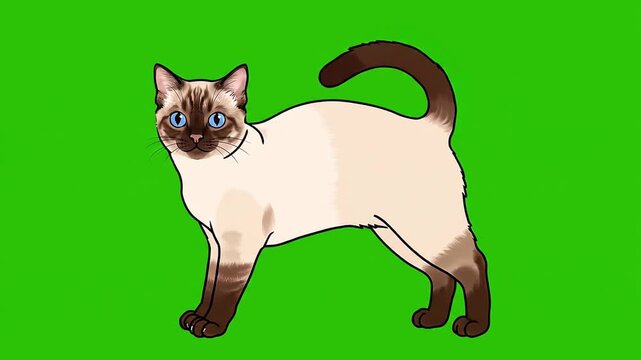 Cute Flat Vector Cat Stretching and Arching Its Back on Chroma Key Green Background