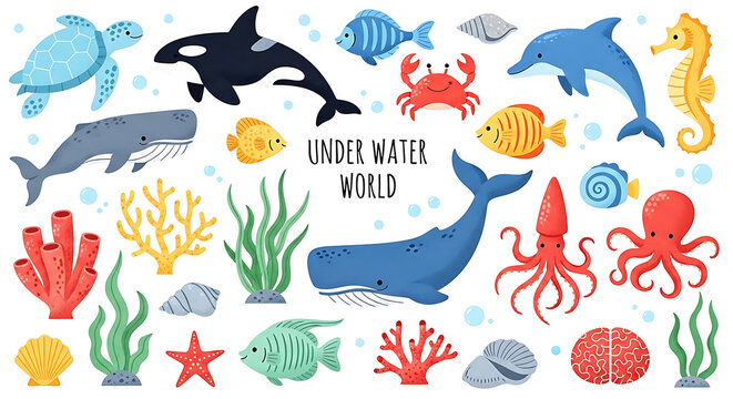 Cute sea animals and underwater world collection featuring marine life cartoon illustration of diverse ocean creatures and coral reef elements