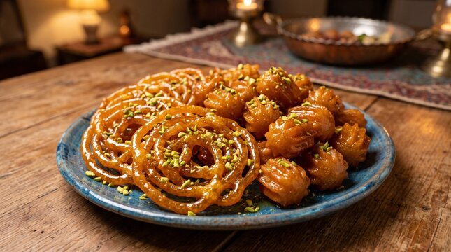 Traditional Persian zoolbia and bamieh sweets served on a blue plate