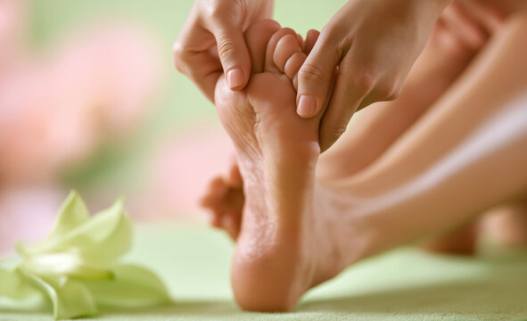 a close up shot of a foot reflexology massage. a pair of hands is massaging the sole of a human foo