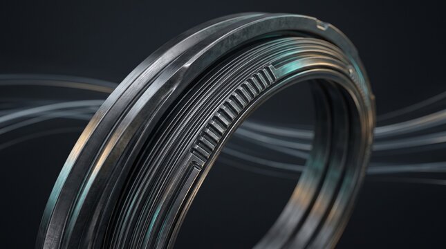 Metallic Precision Engineered Mechanical Ring Component with Abstract Motion Light Streaks