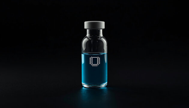 Dark pharmaceutical vial with blue liquid for medical research biotechnology and drug development