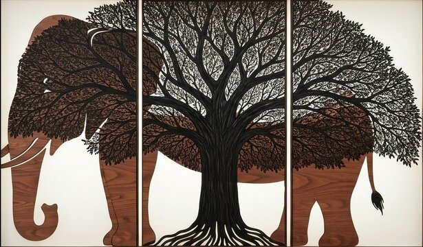 Wood Textured Elephant and Tree Silhouette in Triptych Art