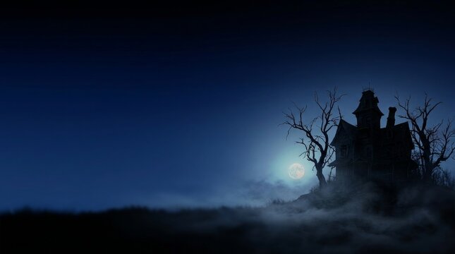 Haunted old house under a full moon at night