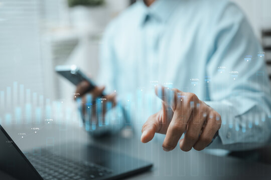 Business professional monitoring investment performance on smartphone with financial growth dashboard, highlighting market analytics and data-driven decisions.