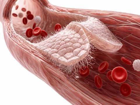 Atherosclerosis cross-section with textured fatty plaque buildup on the endothelium of an artery lumen