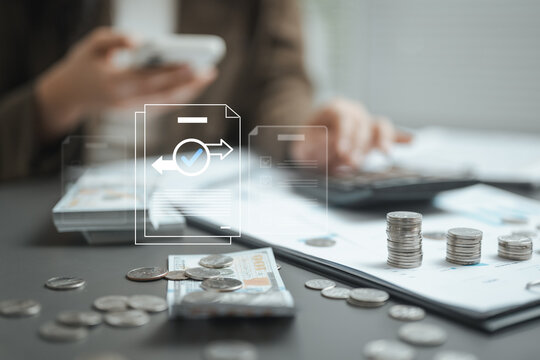 Approved refund payment with tax verification and financial confirmation shown through digital documents, cash, and reports.