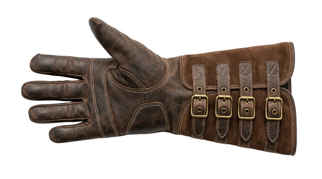 Vintage brown leather gauntlet, medieval style armored glove with brass buckles, rustic fantasy costume accessory on white background
