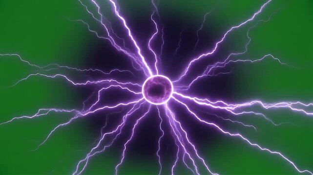 Purple electrical discharges radiate outwards from a central sphere on a dark background.