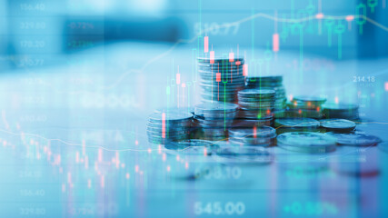 Investment portfolio with stock market charts and stacked coins representing financial growth,...