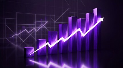 Fototapeta premium Glowing Purple 3D Bar Chart with Rising Arrow Showing Growth Trend