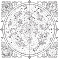 Fototapeta premium Antique celestial atlas engraving line art, antique celestial map illustration, vintage star atlas engraving, historical astronomy chart, antique constellation map, celestial cartography artwork, vint