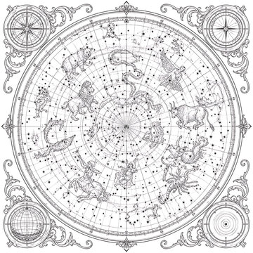 Antique celestial atlas engraving line art, antique celestial map illustration, vintage star atlas engraving, historical astronomy chart, antique constellation map, celestial cartography artwork, vint