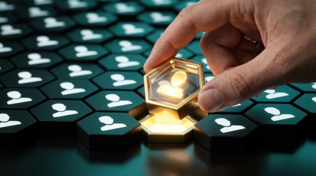 Strategic talent acquisition concept showing hand selecting glowing golden candidate from dark hexagonal grid representing optimal recruitment and headhunting