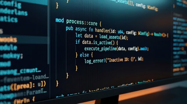 Advanced software engineering coding screen displaying async programming syntax representing backend development and complex data pipeline execution