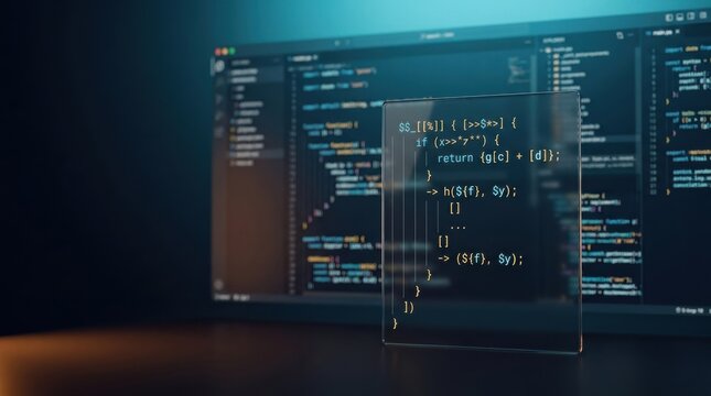 Advanced software development environment showing complex code script on transparent glass display with blurred programming interface in dark office background