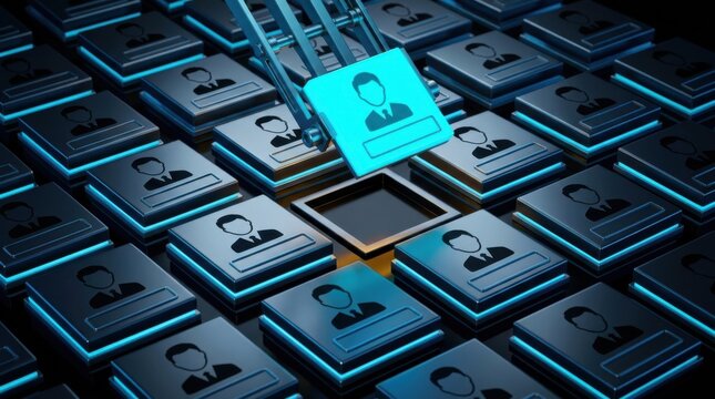 Automated talent acquisition concept with robotic claw selecting glowing blue candidate profile block representing artificial intelligence in human resources