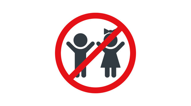 Red circular prohibition sign containing silhouettes of boy and girl indicating children are not allowed here
