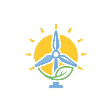 Abstract geometric wind turbine logo design vector isolated on white background, minimalist blue windmill with yellow sunburst and green eco plant leaf icon for renewable energy branding.