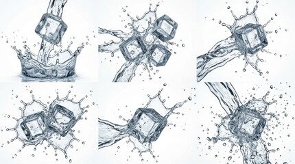 Obraz premium Collection of six high-speed photography shots featuring clear ice cubes falling into fresh water creating dynamic splashes, crown ripples, and floating droplets on a white background.
