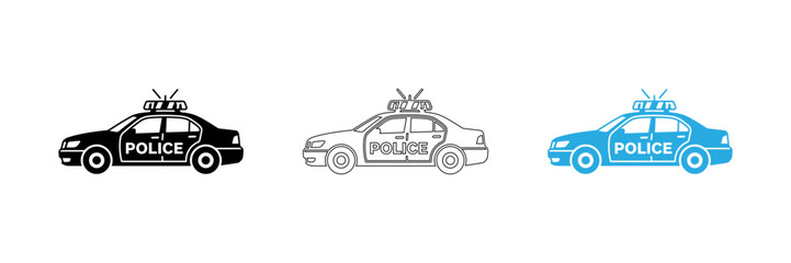 Three police car icons in different styles isolated on transparent background, Vector © Riyadkingline
