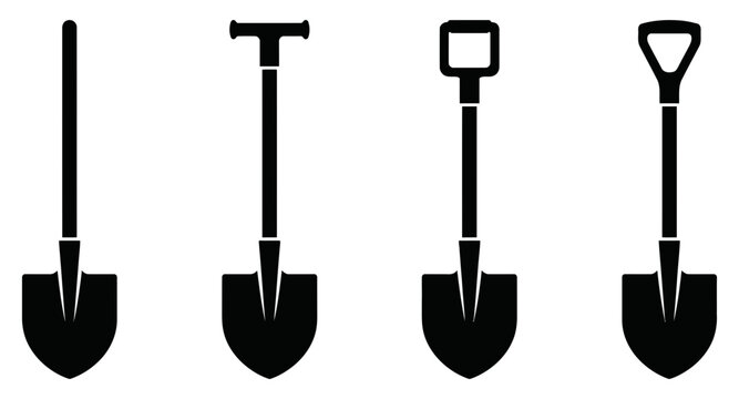 A collection of black agricultural tools silhouette icons featuring various shovel designs for gardening and farming