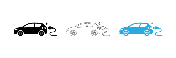Fototapeta premium Three electric cars charging with plug icons isolated on transparent background, Vector