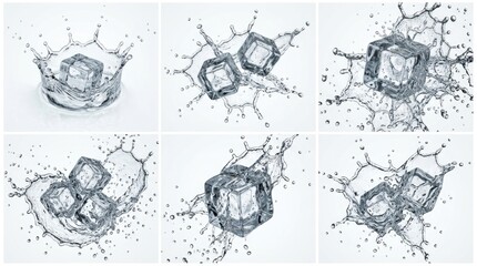 Obraz premium Collection of high-speed photos showing clear ice cubes splashing into pure water on a white background, featuring dynamic liquid ripples, droplets, and frozen motion crown splashes.