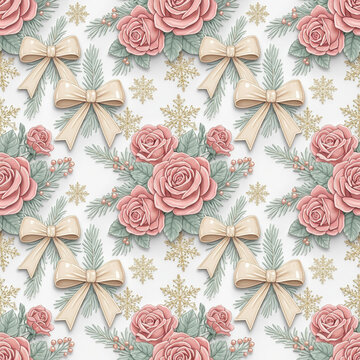 3D Christmas seamless pattern with blush pink roses cream ribbon bows gold snowflakes and pine sprigs