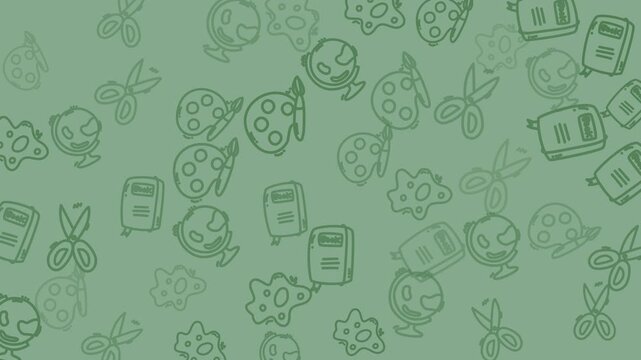 Background pattern featuring green school elements like scissors, paint palettes, globes, notebooks, and art supplies icons. Ideal for educational designs.