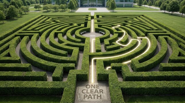 Aerial birds-eye view of a lush green garden hedge maze with a single glowing yellow path leading to the center, featuring a stone entrance engraved with the words One Clear Path.