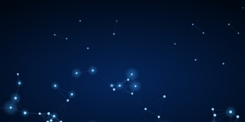 Fototapeta premium Abstract network of glowing white dots connected by lines on a dark blue background, resembling a constellation or a digital network.