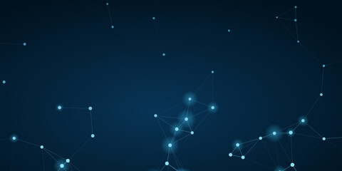 Fototapeta premium A dark blue background with glowing white dots connected by lines, resembling a network or constellation, symbolizing connectivity and technology.