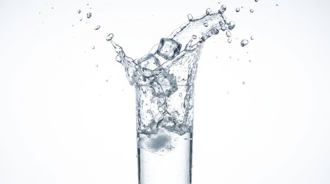 Dynamic water splash with ice cubes falling into a tall clear glass against a white background, capturing frozen motion, droplets, and refreshing liquid spray in high-speed studio shot.