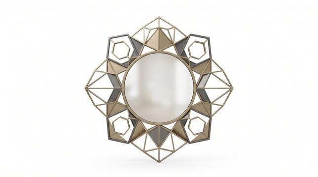 Ornate 3D geometric wall mirror with gold frame and hexagonal patterns isolated on white background for interior luxury decor