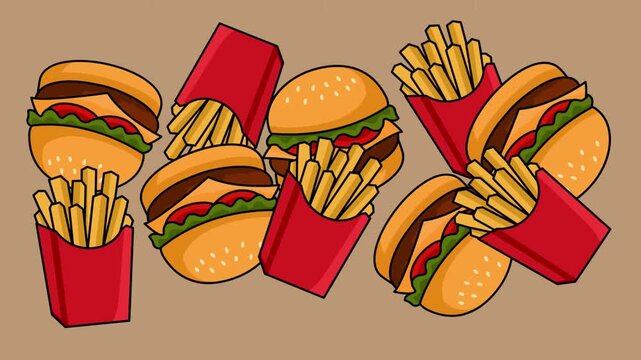 4K animation of fast food items like burgers and french fries.