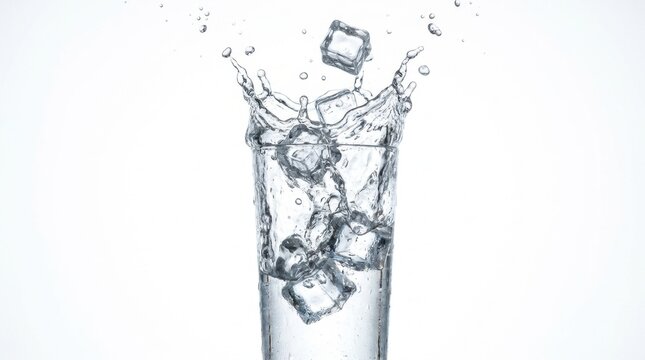 Dynamic high-speed action shot of ice cubes falling into a tall glass of fresh clear water, creating a dramatic crown splash with droplets against a clean bright white background.